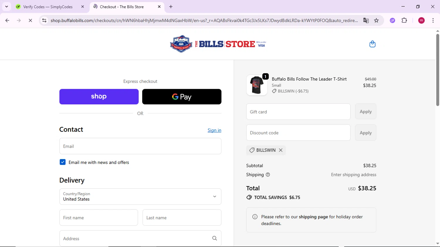 Buffalo Bills Shop promo code screenshot showing code BILLSWIN applied at Buffalo Bills Shop checkout page. Uploaded by SimplyCodes community member PrimeSage7080 on Dec 21, 2025