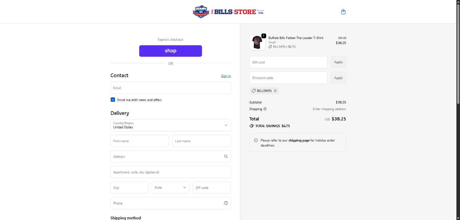 Buffalo Bills Shop checkout page showing Buffalo Bills Shop promo code box | Screenshot taken by SimplyCodes community member on Dec 21, 2025