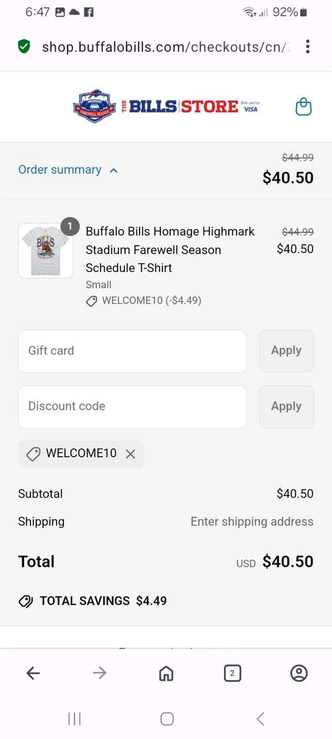 Buffalo Bills Shop promo code screenshot showing code WELCOME10 applied at Buffalo Bills Shop checkout page. Uploaded by SimplyCodes community member MoneyMaven5115 on May 30, 2025