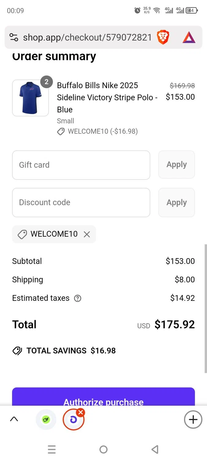 Buffalo Bills Shop promo code screenshot showing code WELCOME10 applied at Buffalo Bills Shop checkout page. Uploaded by SimplyCodes community member dayselis15 on Jun 29, 2025