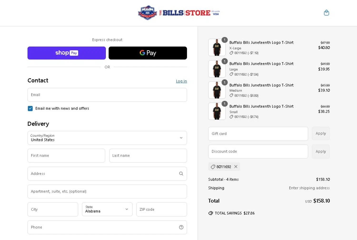 Buffalo Bills Shop promo code screenshot showing code 8011692 applied at Buffalo Bills Shop checkout page. Uploaded by SimplyCodes community member LAMINEJAMAL on Jun 20, 2025