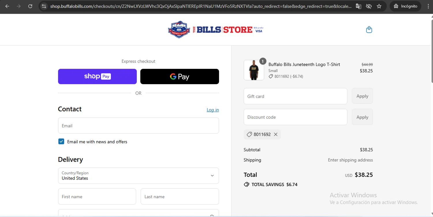 Buffalo Bills Shop promo code screenshot showing code 8011692 applied at Buffalo Bills Shop checkout page. Uploaded by SimplyCodes community member UchihaMadara on Jul 12, 2025