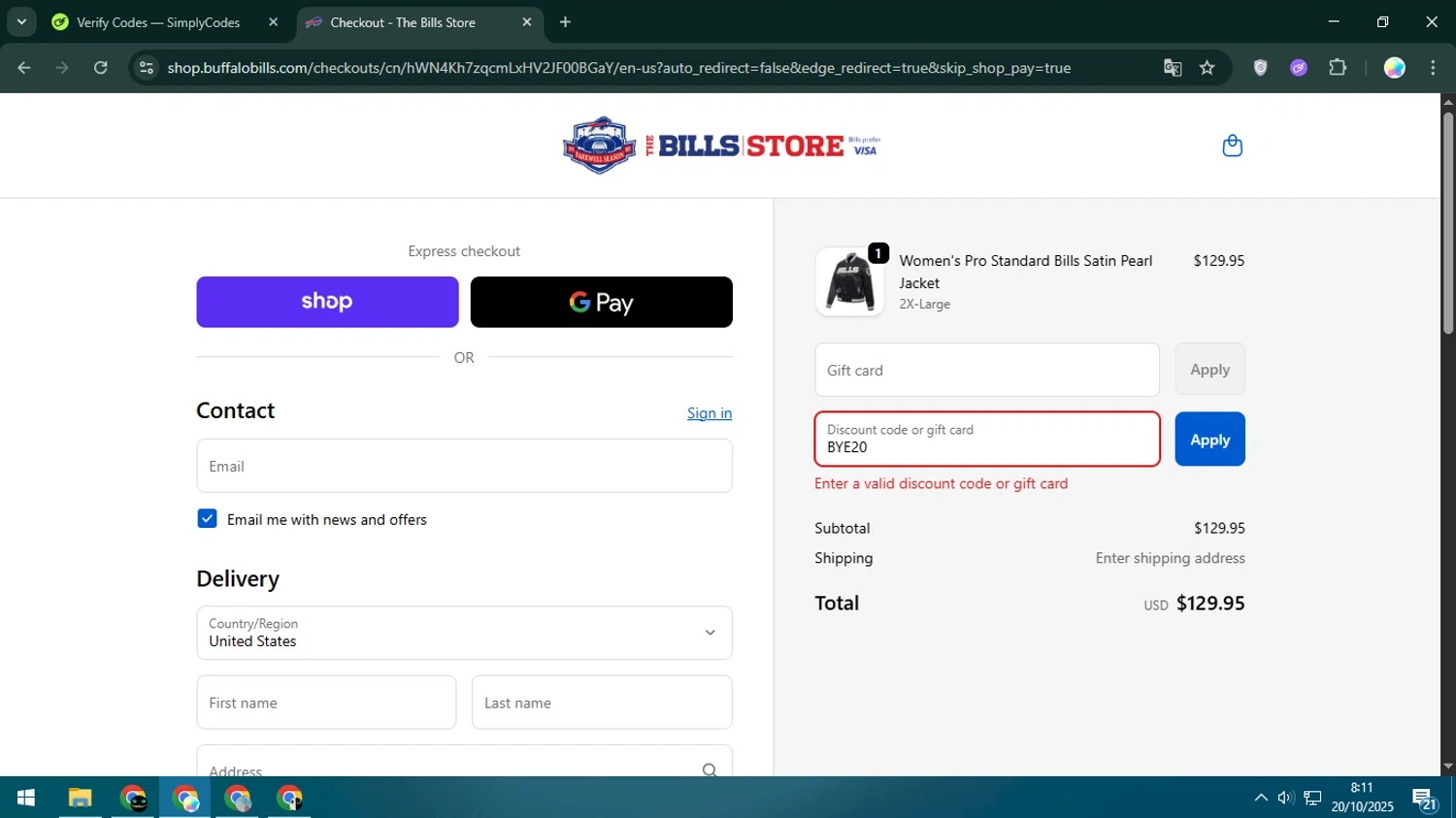 Buffalo Bills Shop promo code screenshot showing code BYE20 applied at Buffalo Bills Shop checkout page. Uploaded by SimplyCodes community member Estrellitacoairis on Oct 20, 2025