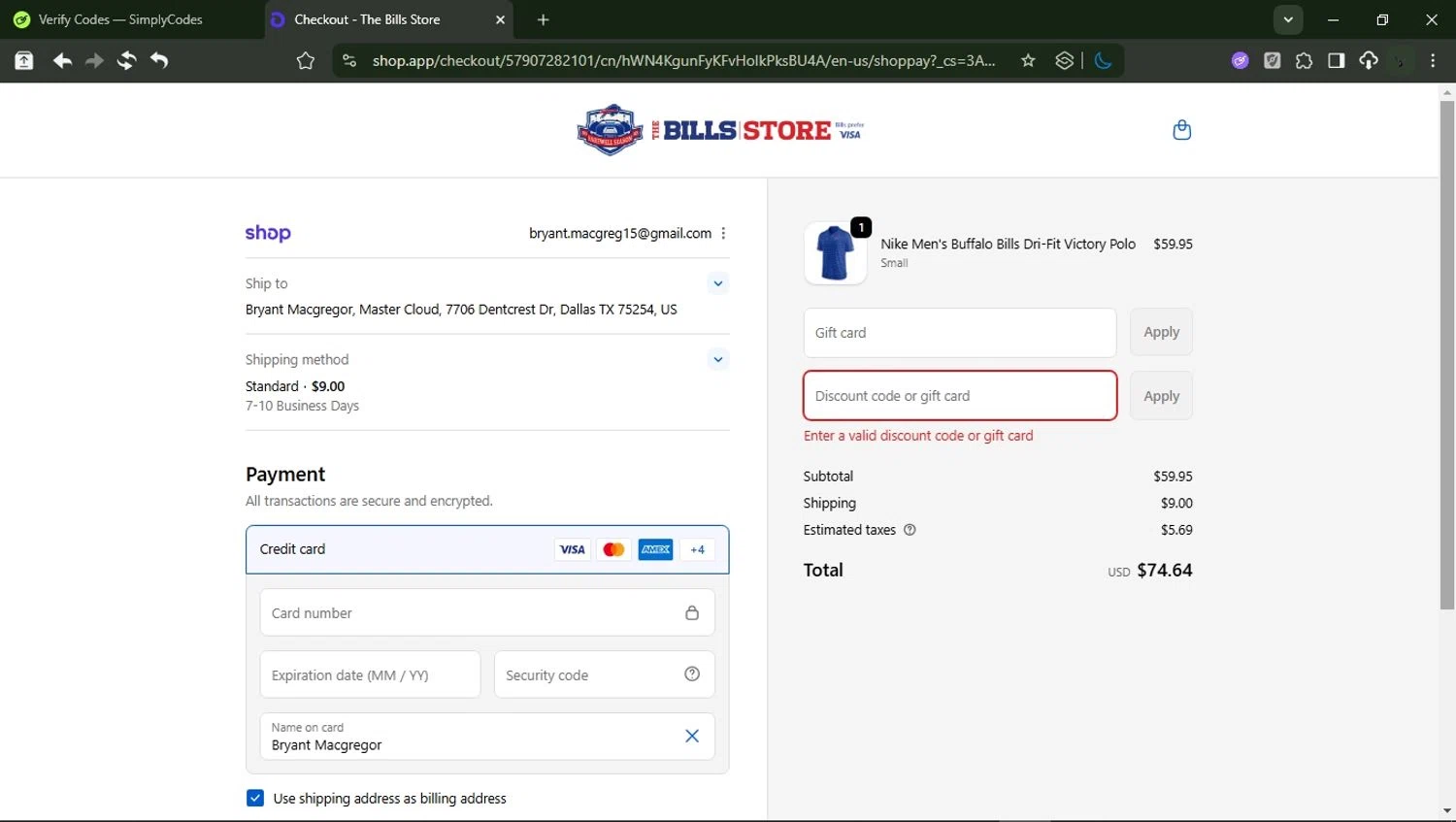 Buffalo Bills Shop promo code screenshot showing code BYE20 applied at Buffalo Bills Shop checkout page. Uploaded by SimplyCodes community member RewardMonarch1185 on Oct 20, 2025