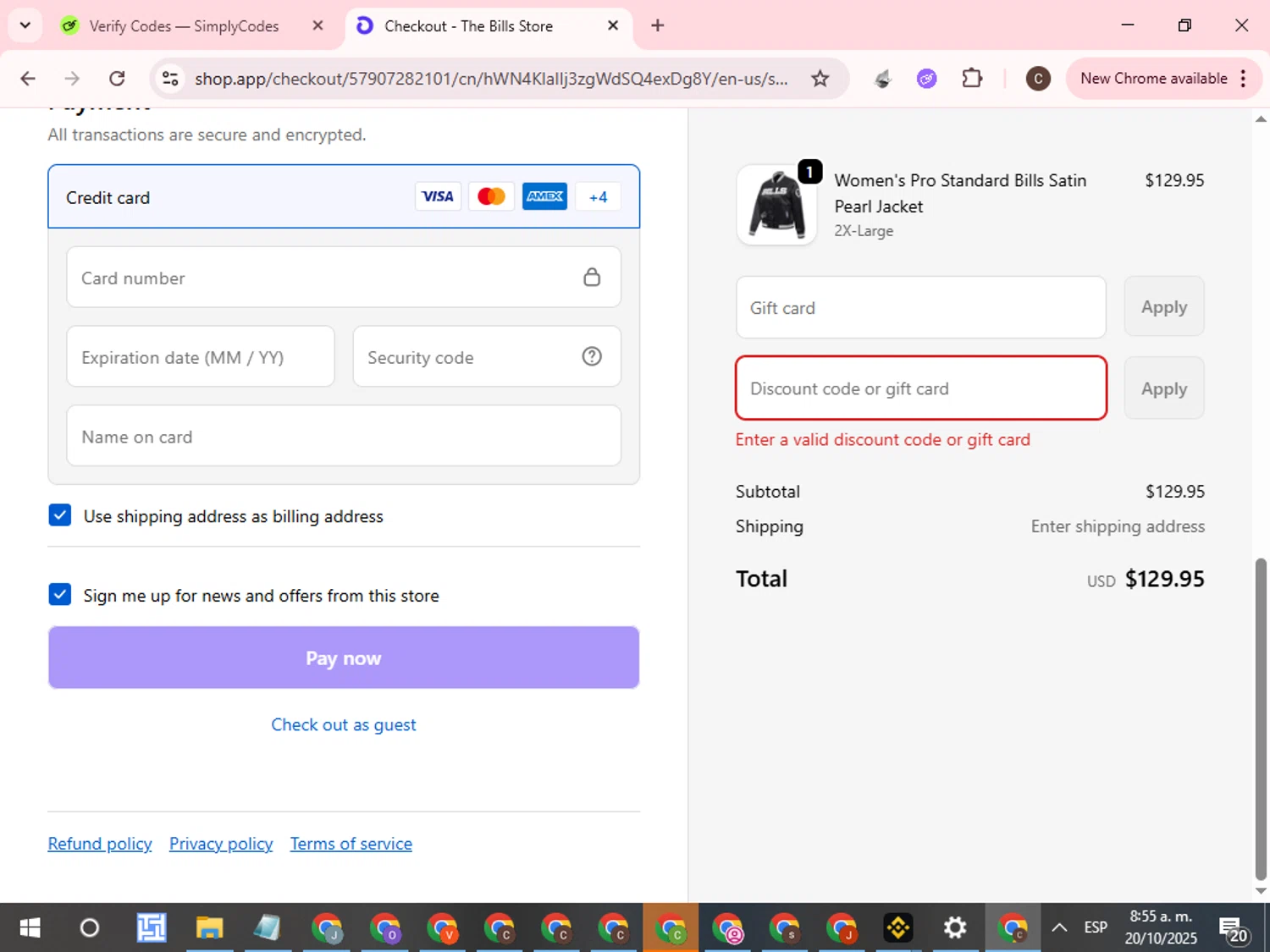 Buffalo Bills Shop promo code screenshot showing code BYE20 applied at Buffalo Bills Shop checkout page. Uploaded by SimplyCodes community member WonderCurator7831 on Oct 20, 2025