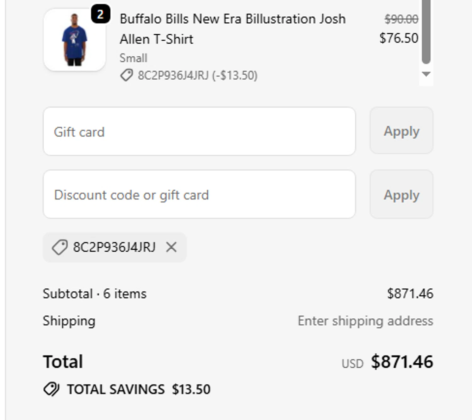 Buffalo Bills Shop promo code screenshot showing code 8C2P936J4JRJ applied at Buffalo Bills Shop checkout page. Uploaded by SimplyCodes community member DealFinder8915 on Oct 26, 2025