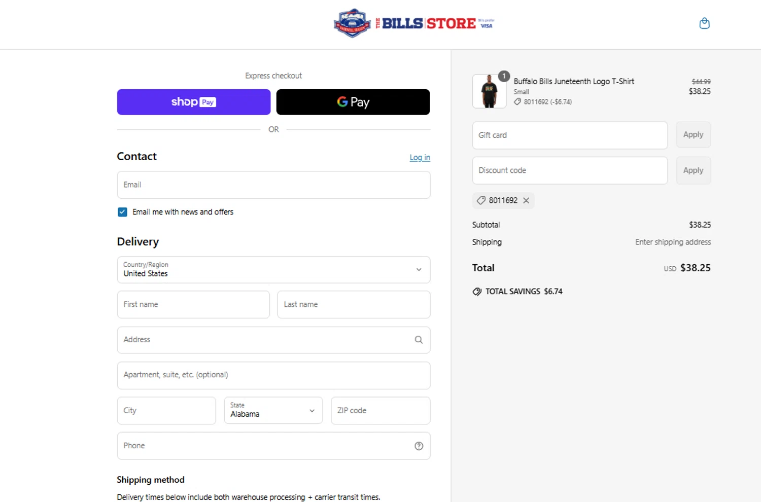 Buffalo Bills Shop promo code screenshot showing code 8011692 applied at Buffalo Bills Shop checkout page. Uploaded by SimplyCodes community member ylenisjordan on Jun 20, 2025
