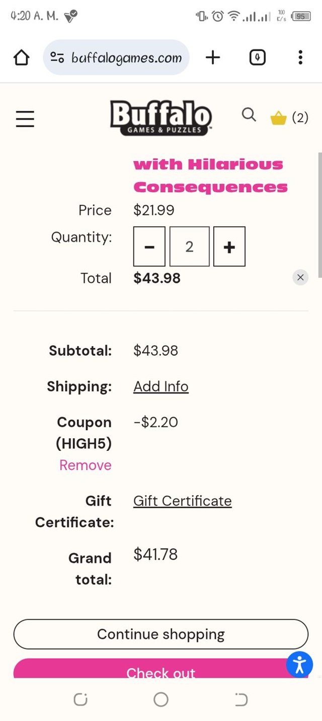 Buffalo Games checkout page showing Buffalo Games coupon code box | Screenshot taken by SimplyCodes community member on Jun 24, 2025