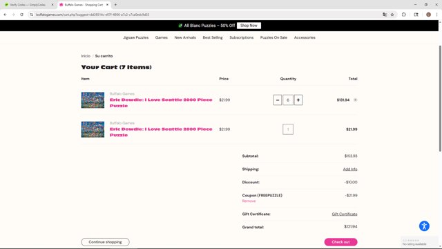 Buffalo Games checkout page showing Buffalo Games coupon code box | Screenshot taken by SimplyCodes community member on Aug 13, 2025