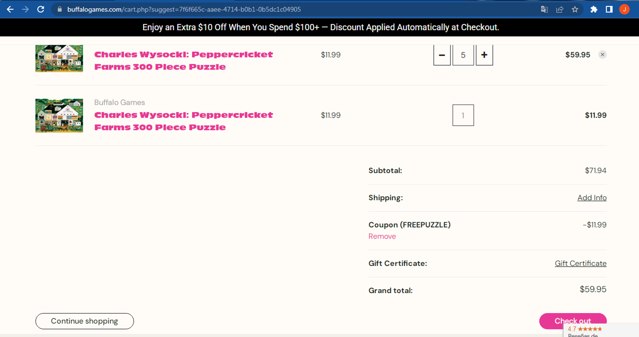 Buffalo Games checkout page showing Buffalo Games coupon code box | Screenshot taken by SimplyCodes community member on Jun 24, 2025
