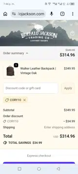 CORY10 coupon verification screenshot