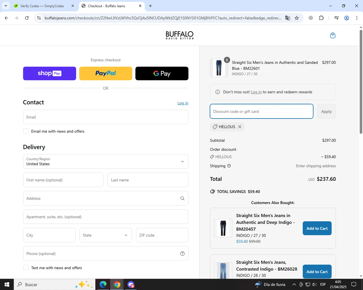 Buffalo Jeans discount code screenshot showing code HELLOUS applied at Buffalo Jeans checkout page. Uploaded by SimplyCodes community member MoneyGenius452 on Apr 21, 2025