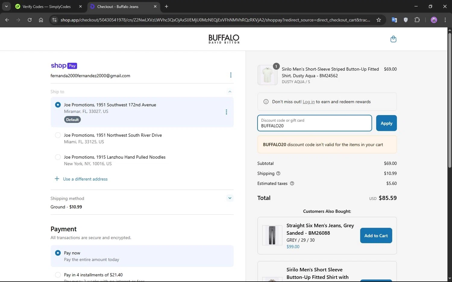 Buffalo Jeans discount code screenshot showing code BUFFALO20 applied at Buffalo Jeans checkout page. Uploaded by SimplyCodes community member CrownMaestro9486 on Apr 9, 2025