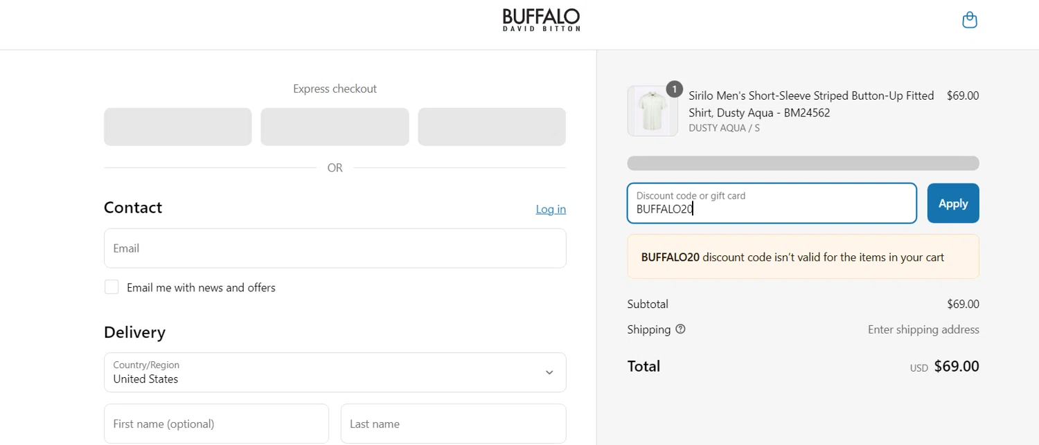 Buffalo Jeans discount code screenshot showing code BUFFALO20 applied at Buffalo Jeans checkout page. Uploaded by SimplyCodes community member perrasimplera on Apr 9, 2025