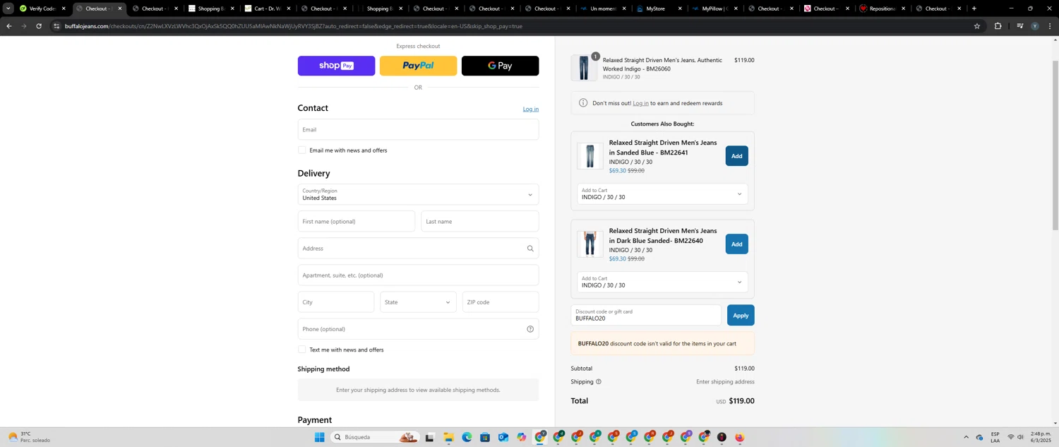 Buffalo Jeans discount code screenshot showing code BUFFALO20 applied at Buffalo Jeans checkout page. Uploaded by SimplyCodes community member yosuethgotopo on Mar 6, 2025