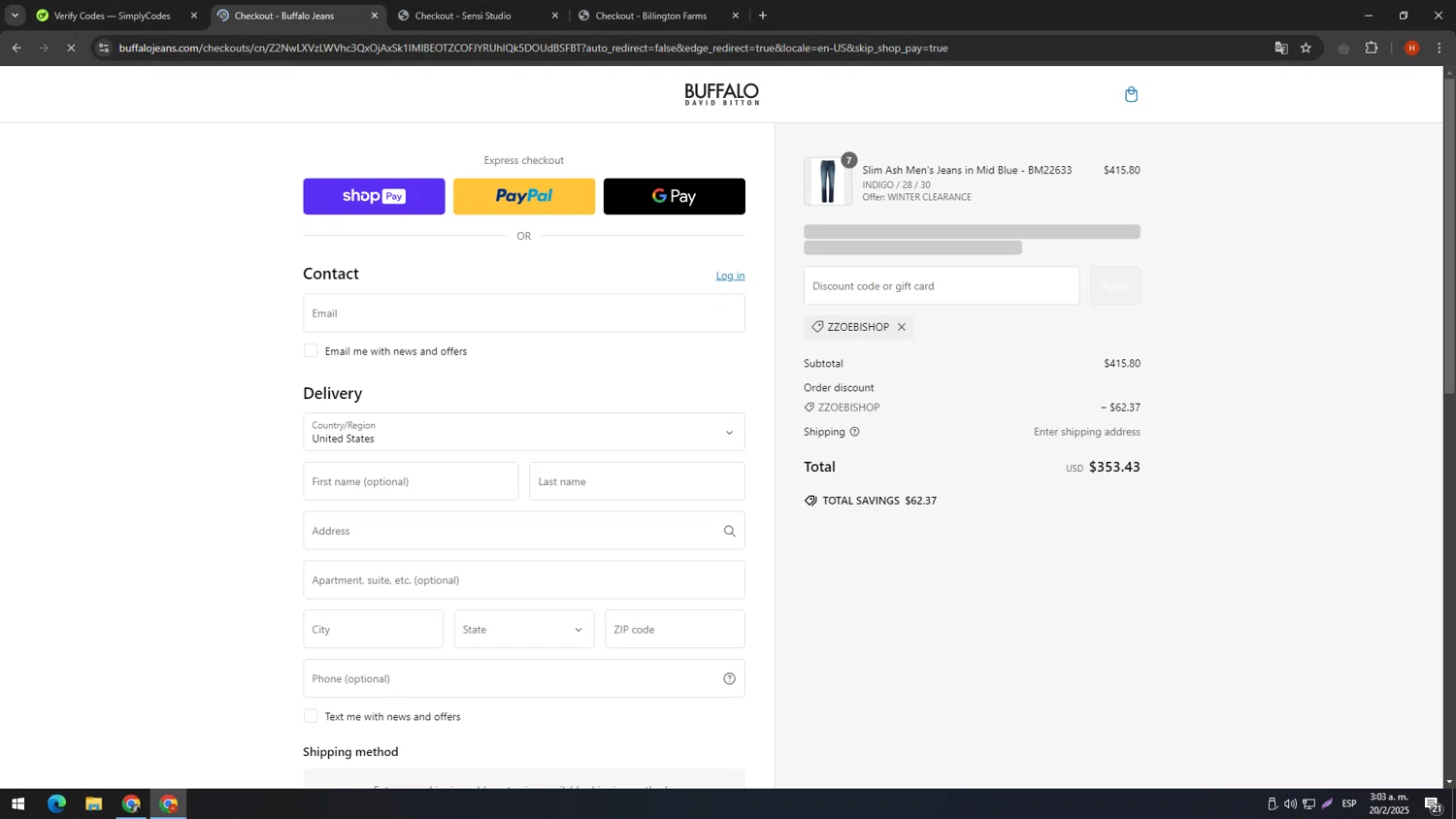 Buffalo Jeans discount code screenshot showing code ZZOEBISHOP applied at Buffalo Jeans checkout page. Uploaded by SimplyCodes community member SIMPLYCODESSS on Feb 20, 2025