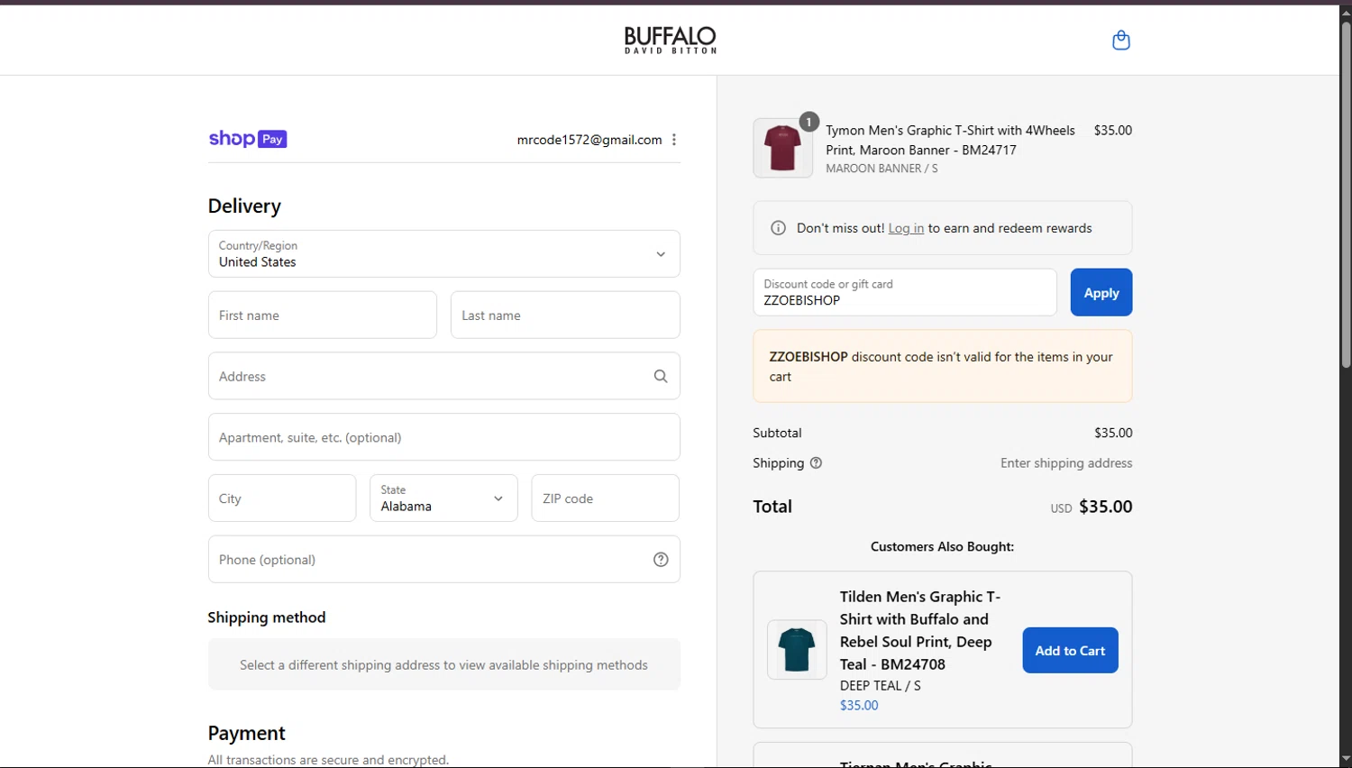 Buffalo Jeans discount code screenshot showing code ZZOEBISHOP applied at Buffalo Jeans checkout page. Uploaded by SimplyCodes community member TokioMiller on Aug 27, 2025