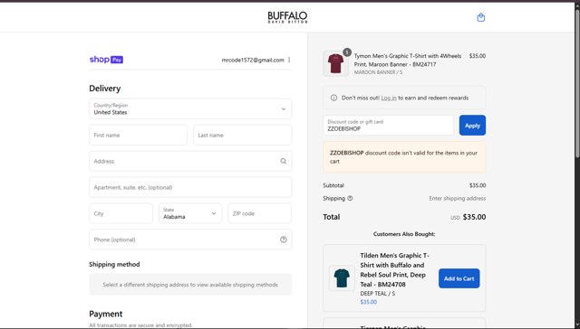 Buffalo Jeans checkout page showing Buffalo Jeans discount code box | Screenshot taken by SimplyCodes community member on Aug 27, 2025