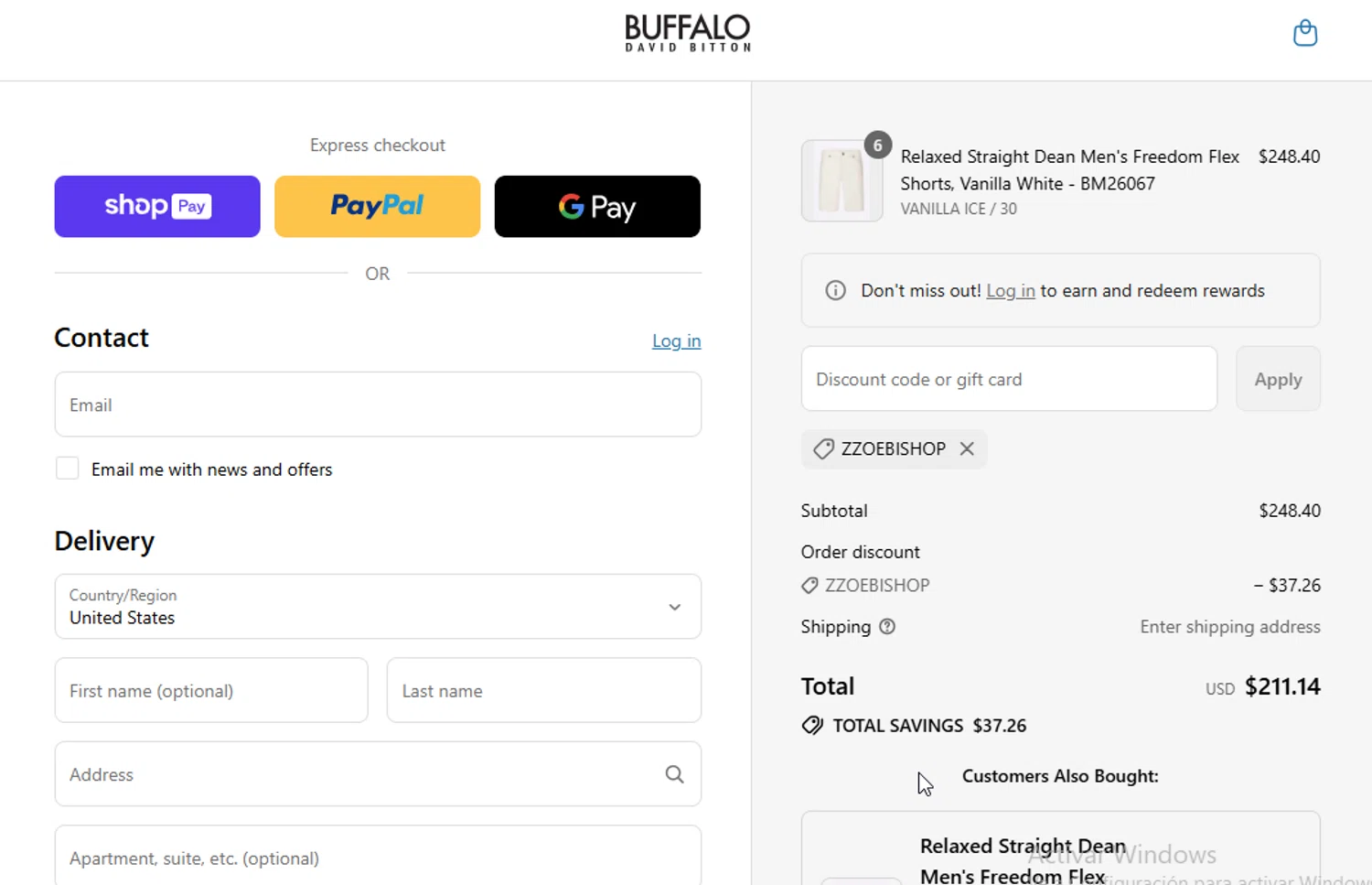 Buffalo Jeans discount code screenshot showing code ZZOEBISHOP applied at Buffalo Jeans checkout page. Uploaded by SimplyCodes community member danyx_gx on Jul 19, 2025