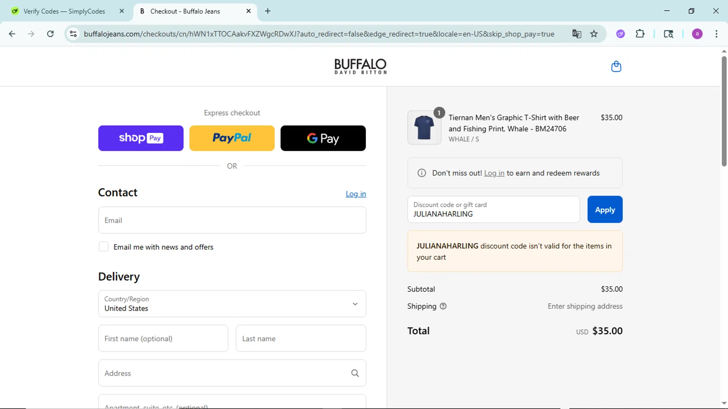 Buffalo Jeans discount code screenshot showing code JULIANAHARLING applied at Buffalo Jeans checkout page. Uploaded by SimplyCodes community member PennyBoss9589 on Aug 18, 2025