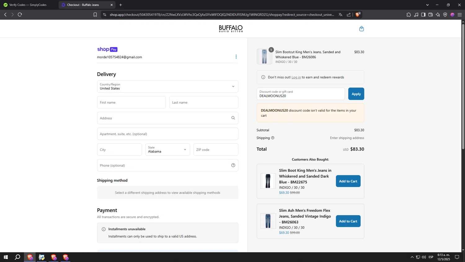 Buffalo Jeans discount code screenshot showing code DEALMOONUS20 applied at Buffalo Jeans checkout page. Uploaded by SimplyCodes community member SpeeDFast on May 12, 2025