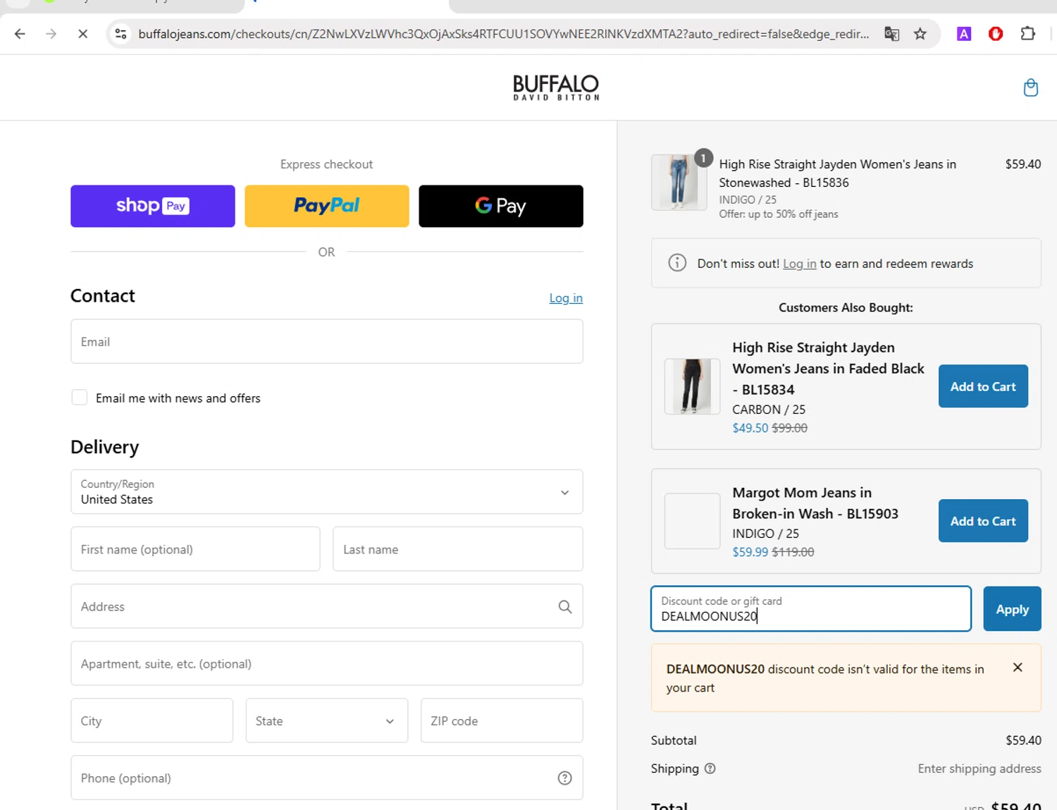 Buffalo Jeans discount code screenshot showing code DEALMOONUS20 applied at Buffalo Jeans checkout page. Uploaded by SimplyCodes community member VictoriousGuardian220 on Feb 4, 2025