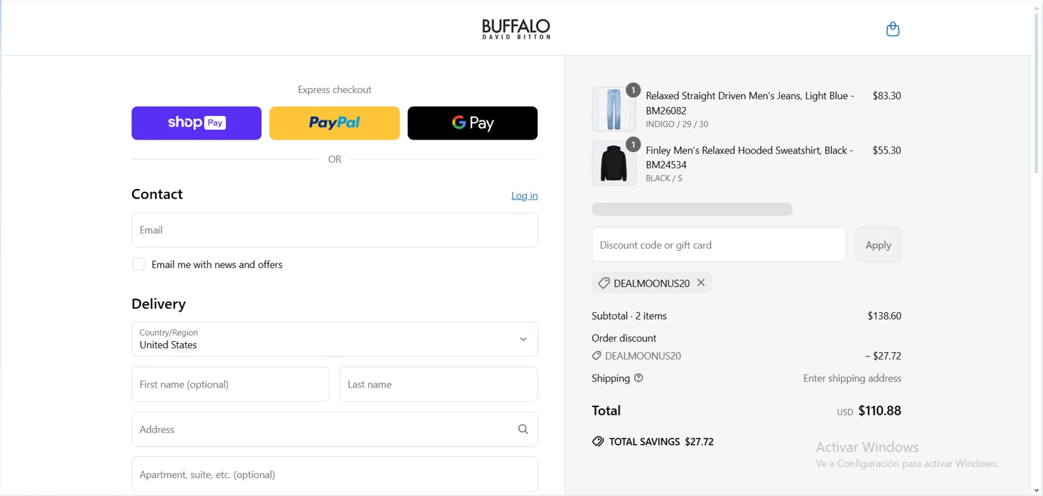 Buffalo Jeans discount code screenshot showing code DEALMOONUS20 applied at Buffalo Jeans checkout page. Uploaded by SimplyCodes community member comepingas on Apr 28, 2025