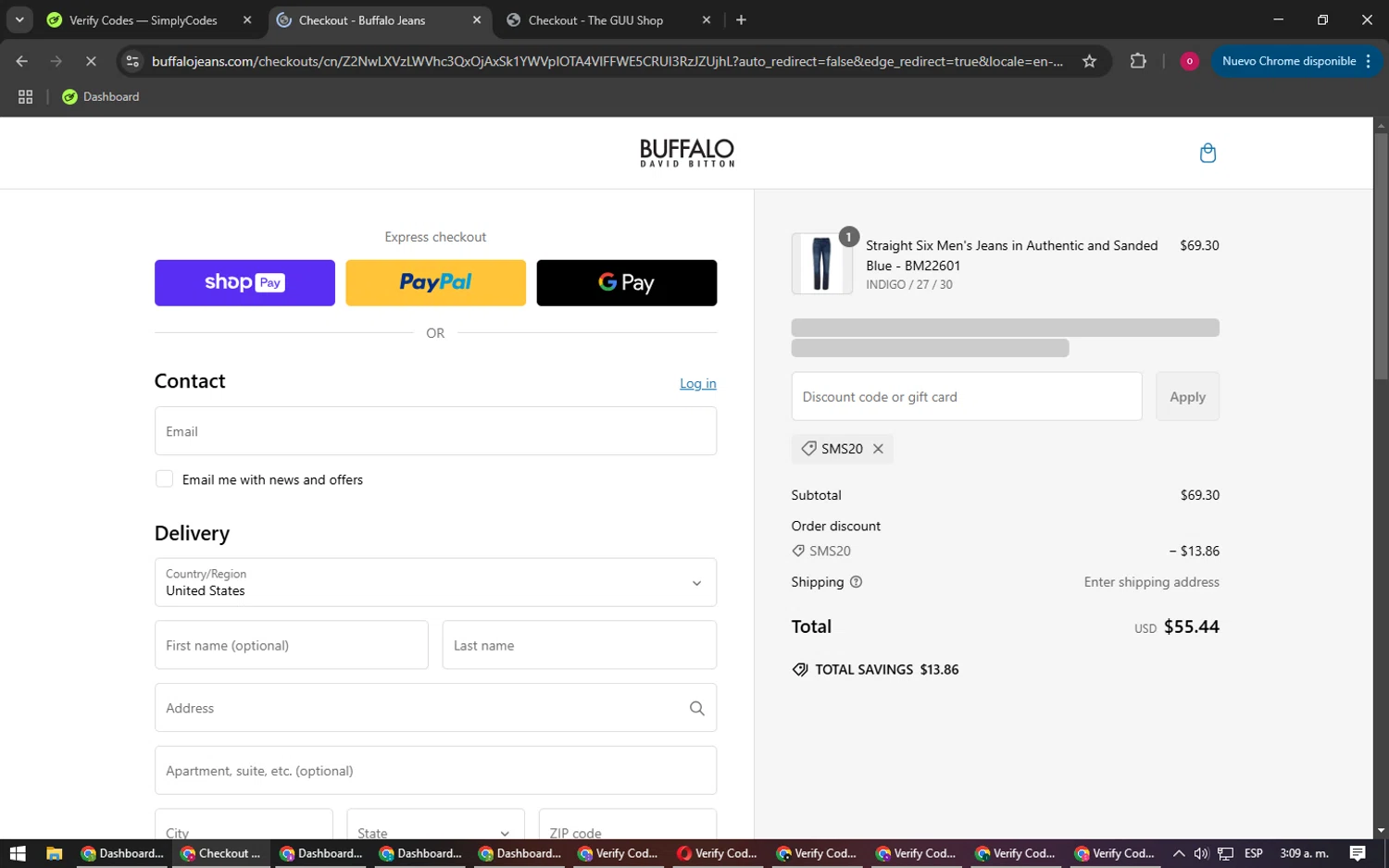 Buffalo Jeans discount code screenshot showing code sms20 applied at Buffalo Jeans checkout page. Uploaded by SimplyCodes community member RebateSpotter9164 on Feb 25, 2025