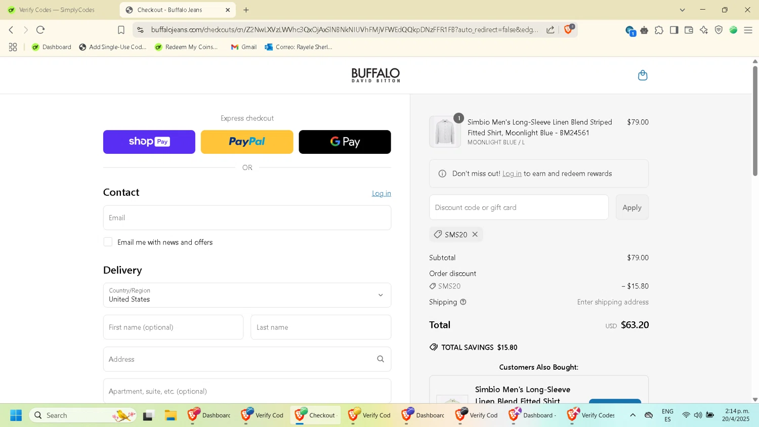 Buffalo Jeans discount code screenshot showing code sms20 applied at Buffalo Jeans checkout page. Uploaded by SimplyCodes community member PennyMonarch4540 on Apr 20, 2025