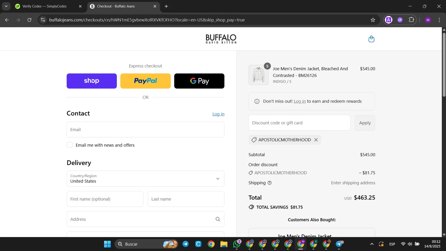 Buffalo Jeans discount code screenshot showing code APOSTOLICMOTHERHOOD applied at Buffalo Jeans checkout page. Uploaded by SimplyCodes community member jinwoo on Aug 14, 2025
