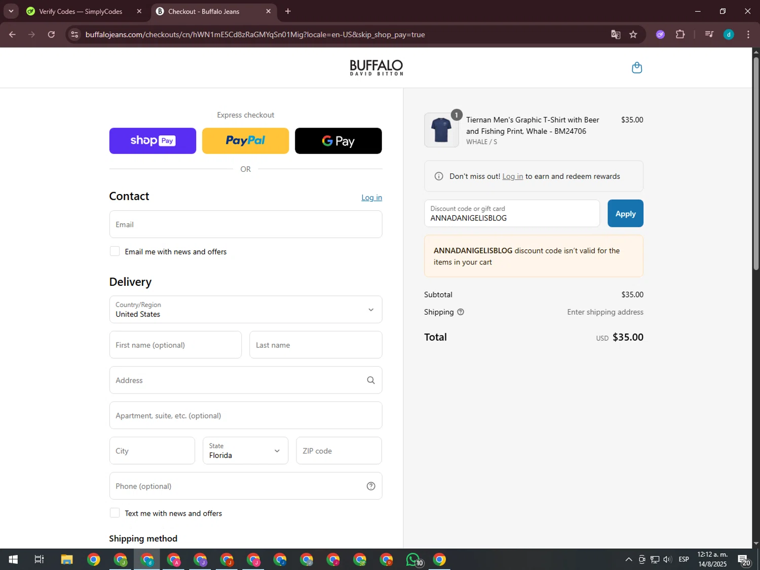 Buffalo Jeans discount code screenshot showing code ANNADANIGELISBLOG applied at Buffalo Jeans checkout page. Uploaded by SimplyCodes community member GloriousTiger3507 on Aug 14, 2025