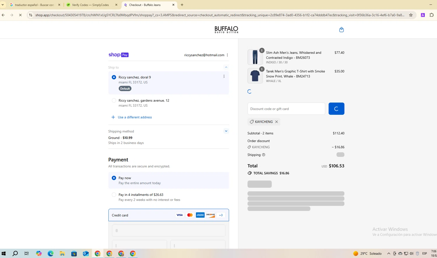 Buffalo Jeans discount code screenshot showing code KAYICHENG applied at Buffalo Jeans checkout page. Uploaded by SimplyCodes community member ScanGenius949 on Aug 18, 2025