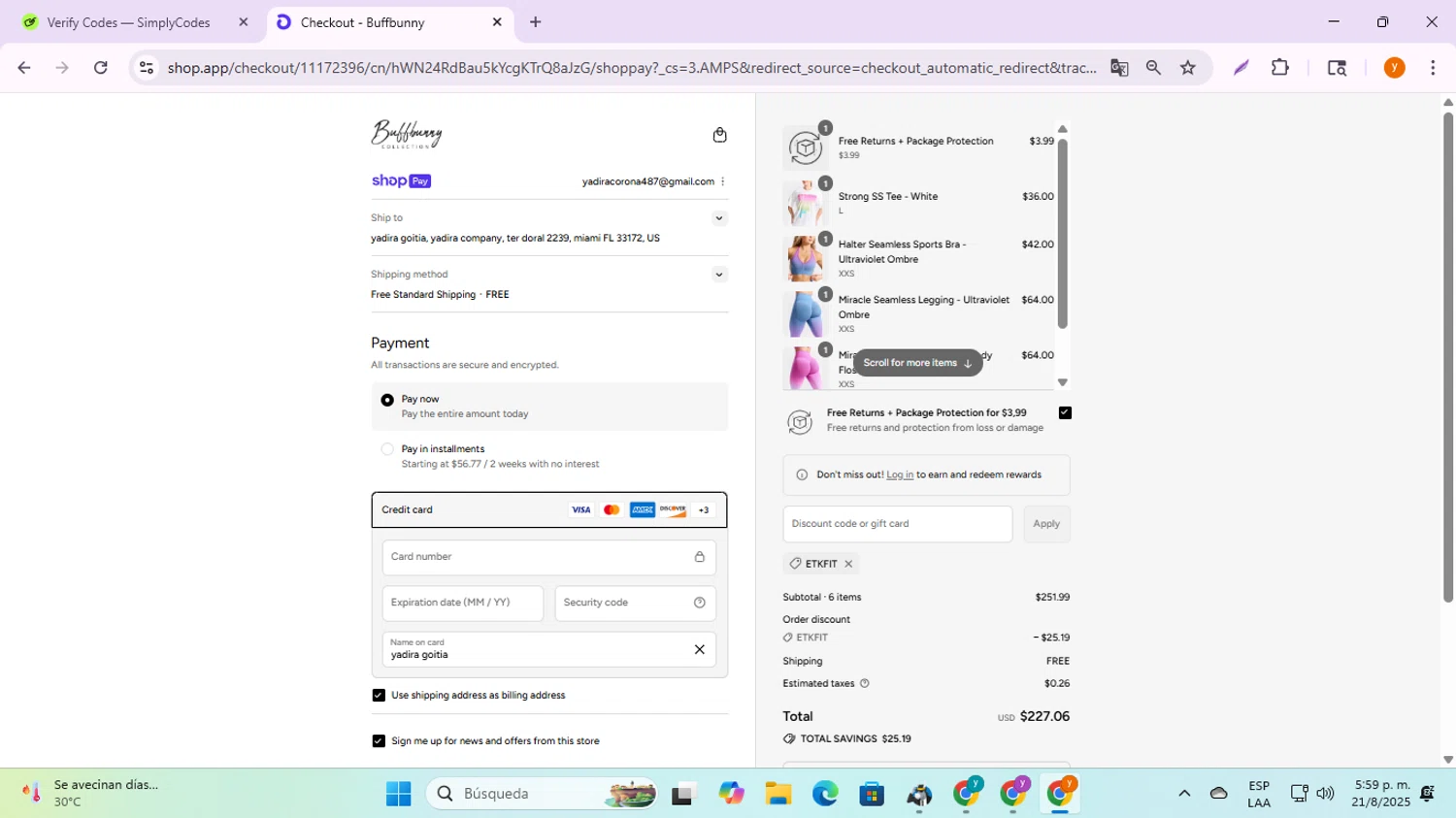 Buffbunny discount code screenshot showing code ETKFIT applied at Buffbunny checkout page. Uploaded by SimplyCodes community member ycg487 on Aug 21, 2025