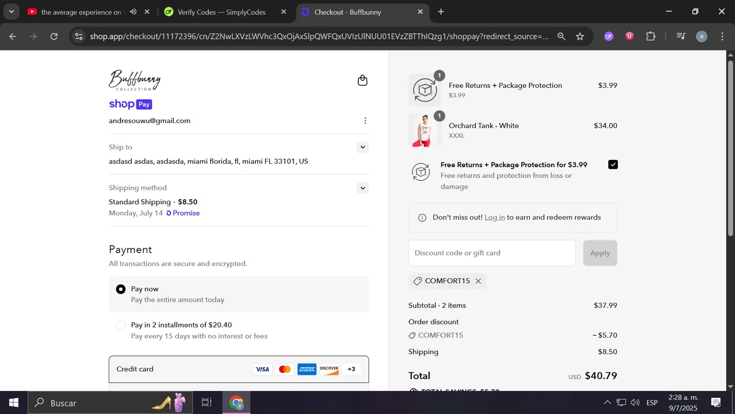 Buffbunny discount code screenshot showing code COMFORT15 applied at Buffbunny checkout page. Uploaded by SimplyCodes community member Anzus777 on Jul 9, 2025