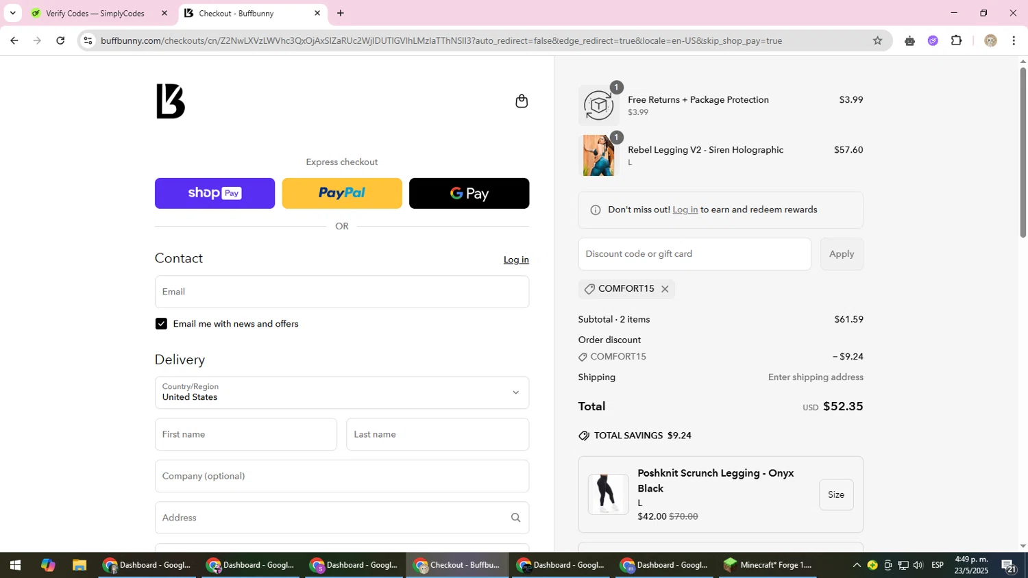 Buffbunny discount code screenshot showing code COMFORT15 applied at Buffbunny checkout page. Uploaded by SimplyCodes community member NobleScholar4826 on May 23, 2025