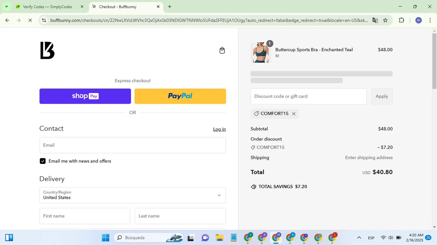 Buffbunny discount code screenshot showing code COMFORT15 applied at Buffbunny checkout page. Uploaded by SimplyCodes community member CleverSleuth6844 on Feb 16, 2025
