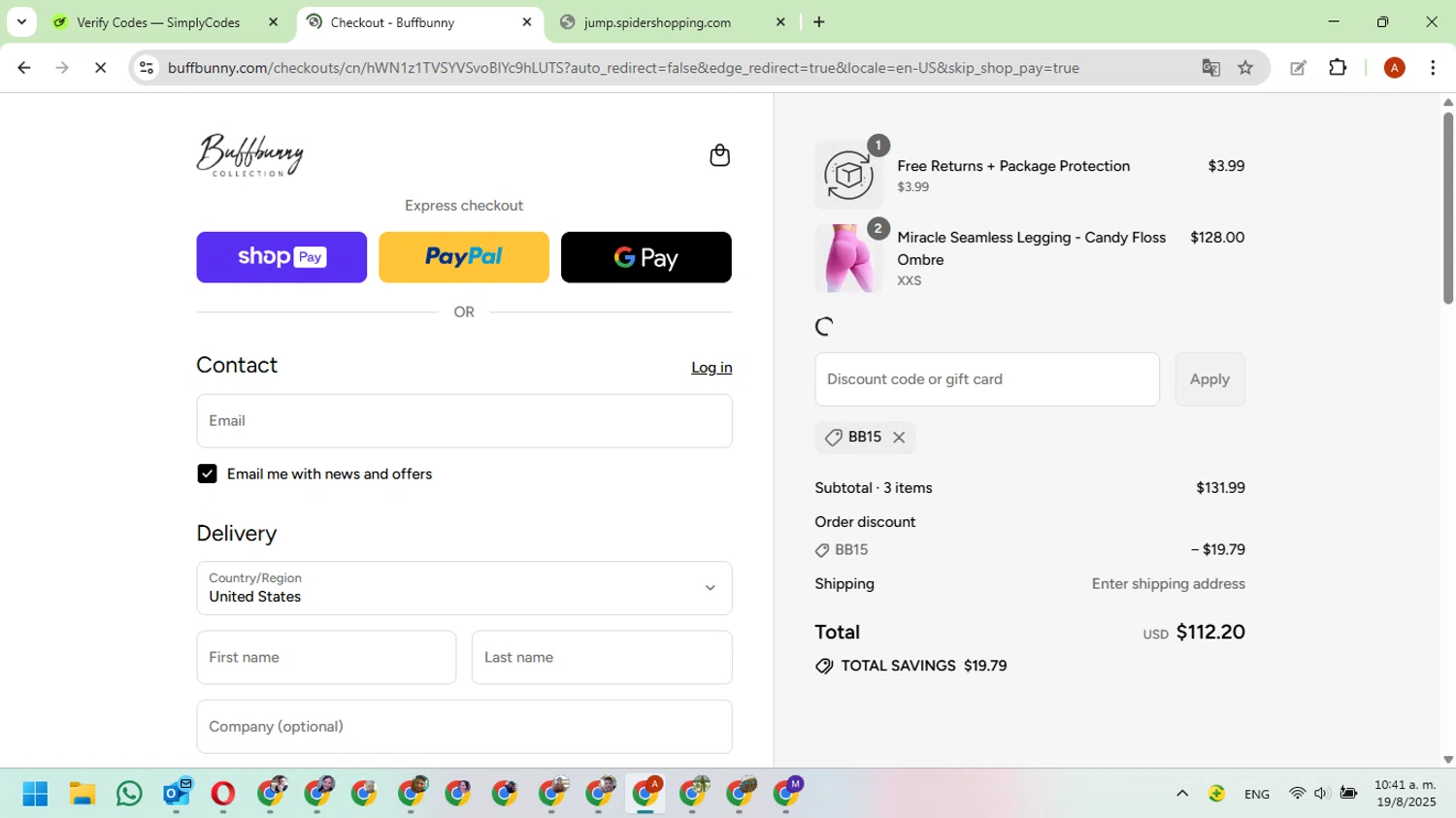 Buffbunny discount code screenshot showing code BB15 applied at Buffbunny checkout page. Uploaded by SimplyCodes community member CouponExpert7551 on Aug 19, 2025