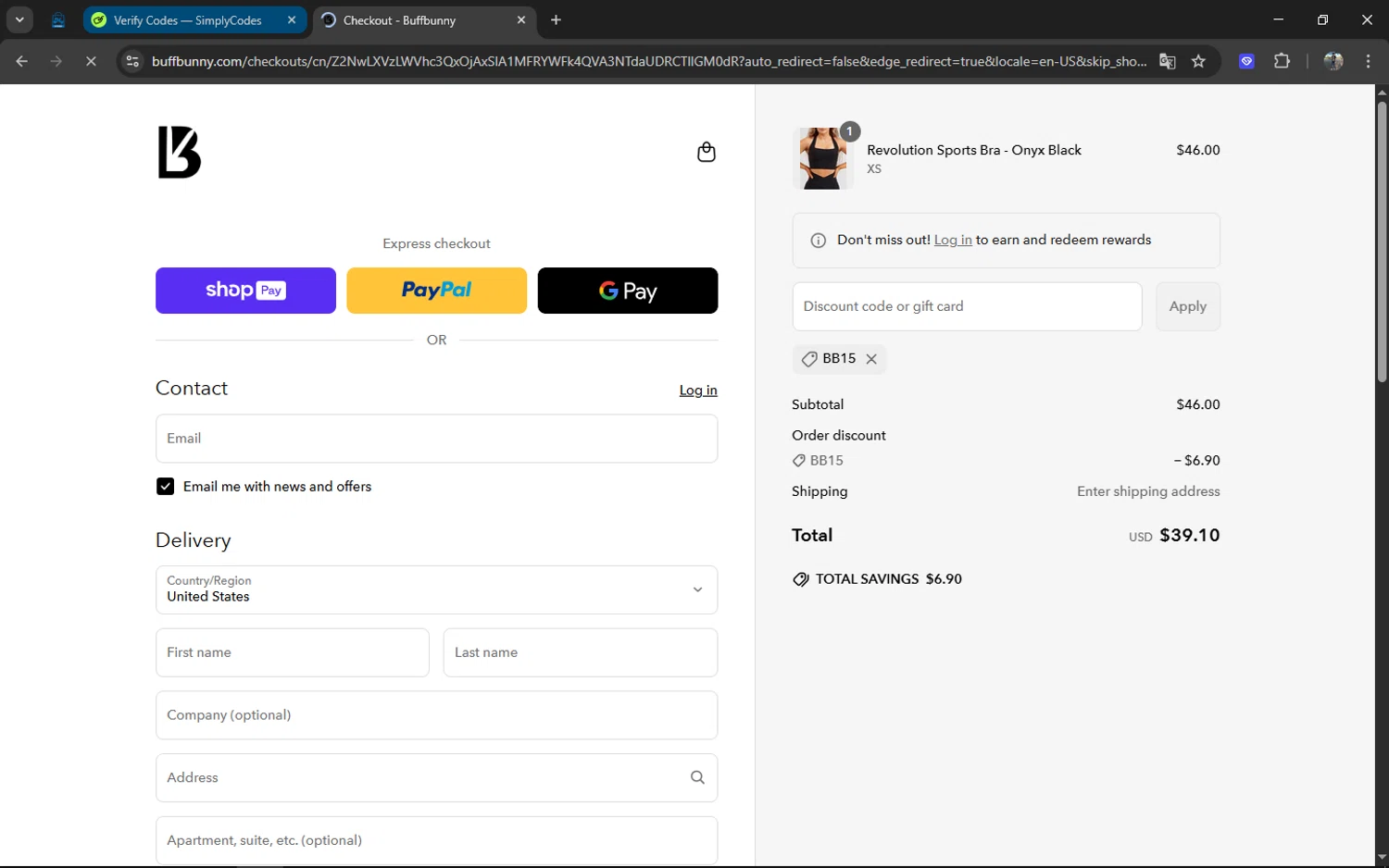 Buffbunny discount code screenshot showing code BB15 applied at Buffbunny checkout page. Uploaded by SimplyCodes community member XXXTENTANCION on Apr 3, 2025