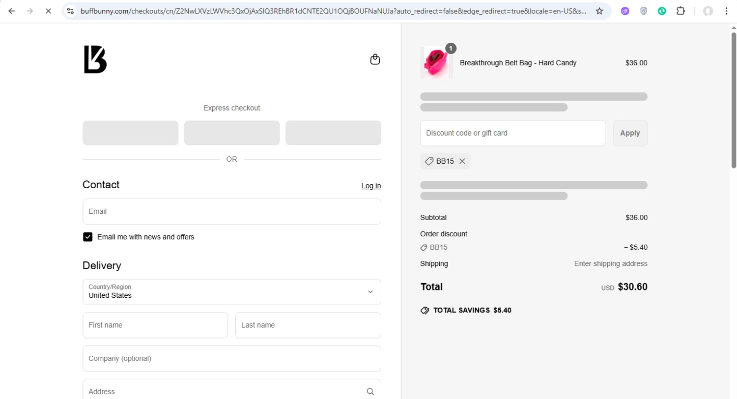 Buffbunny discount code screenshot showing code BB15 applied at Buffbunny checkout page. Uploaded by SimplyCodes community member dtavoplomeria on May 2, 2025