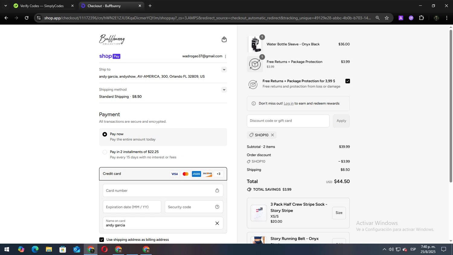 Buffbunny discount code screenshot showing code SHOP10 applied at Buffbunny checkout page. Uploaded by SimplyCodes community member Andy2323 on Aug 25, 2025