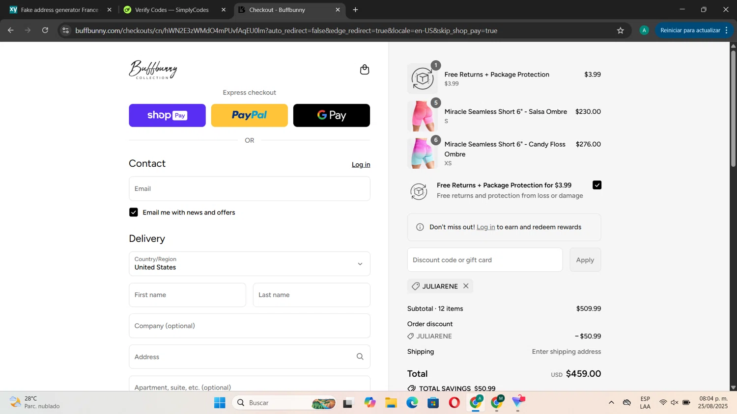 Buffbunny discount code screenshot showing code juliarene applied at Buffbunny checkout page. Uploaded by SimplyCodes community member CouponSentinel181 on Aug 26, 2025
