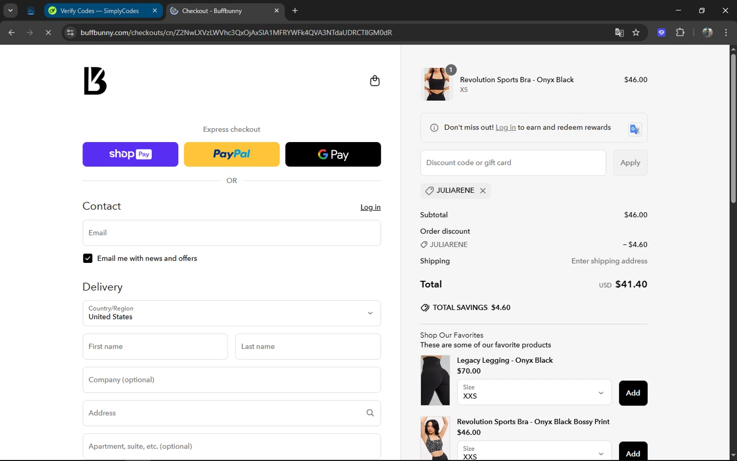Buffbunny discount code screenshot showing code juliarene applied at Buffbunny checkout page. Uploaded by SimplyCodes community member XXXTENTANCION on Apr 3, 2025