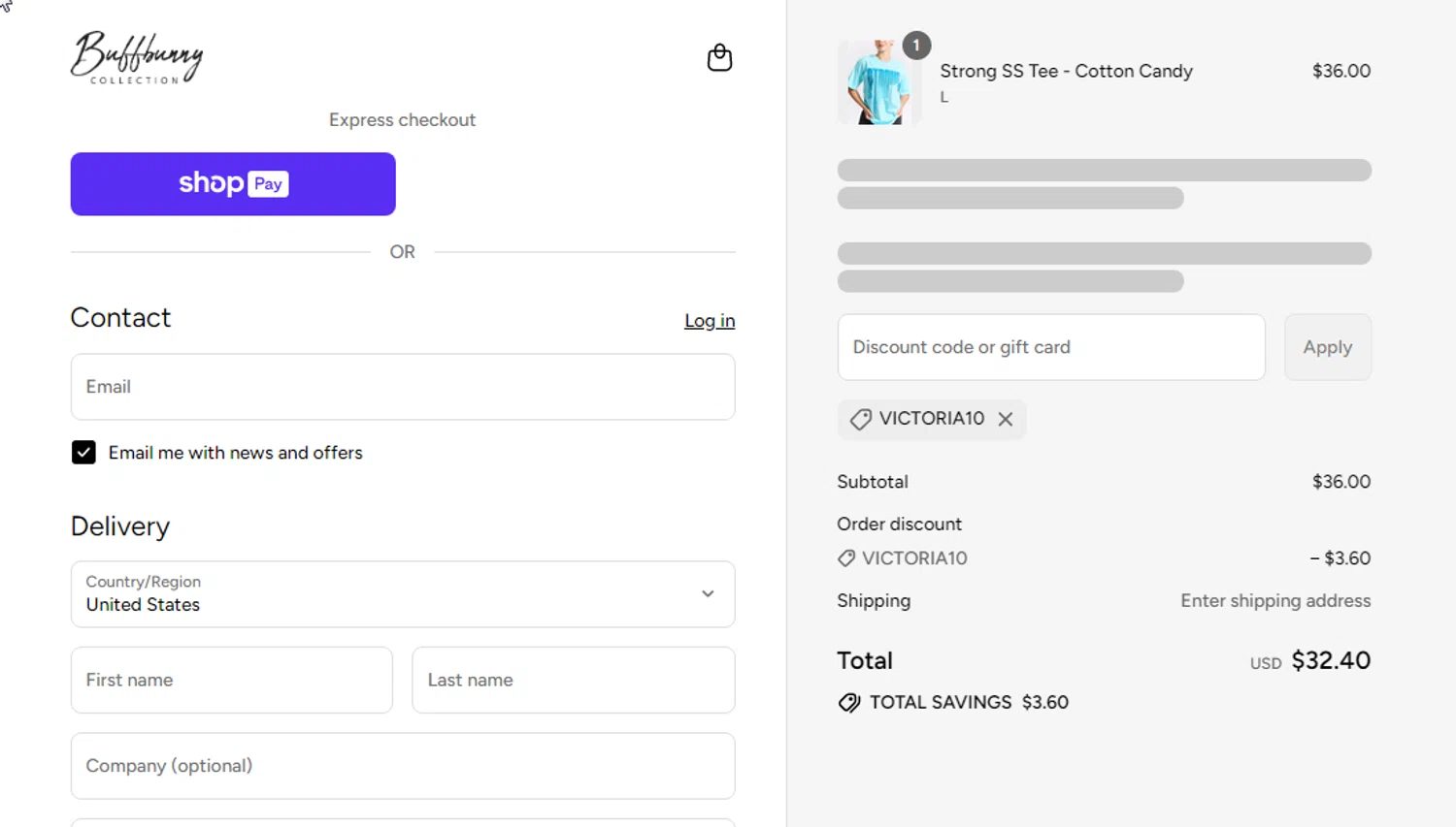 Buffbunny discount code screenshot showing code VICTORIA10 applied at Buffbunny checkout page. Uploaded by SimplyCodes community member cachirulo on Aug 25, 2025