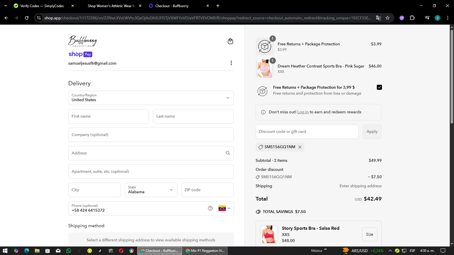 Buffbunny discount code screenshot showing code SMS156GQ1NM applied at Buffbunny checkout page. Uploaded by SimplyCodes community member SaleHawk4558 on Jun 15, 2025