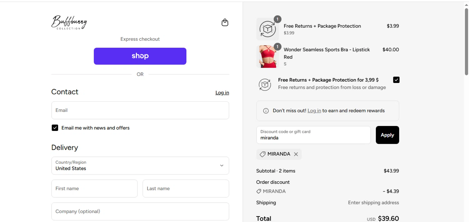 Buffbunny discount code screenshot showing code miranda applied at Buffbunny checkout page. Uploaded by SimplyCodes community member shark12 on Aug 29, 2025