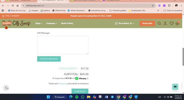 Buff City Soap checkout page showing Buff City Soap discount code box | Screenshot taken by SimplyCodes community member on Sep 8, 2025