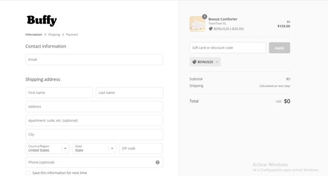 Buffy checkout page showing Buffy discount code box | Screenshot taken by SimplyCodes community member on Jan 24, 2021