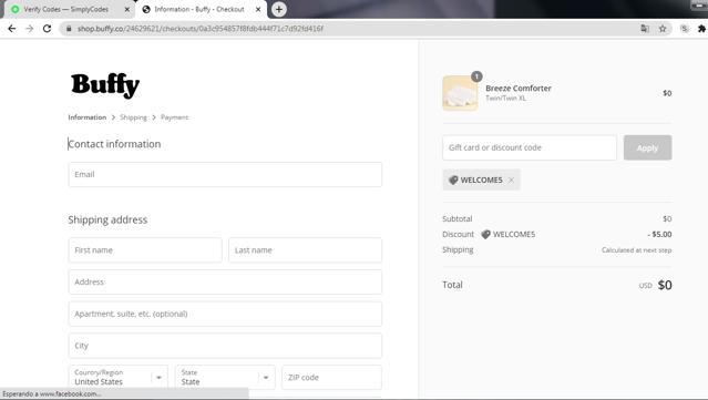 Buffy checkout page showing Buffy discount code box | Screenshot taken by SimplyCodes community member on Jan 24, 2021
