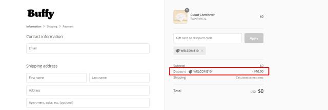 Buffy checkout page showing Buffy discount code box | Screenshot taken by SimplyCodes community member on Jan 24, 2021