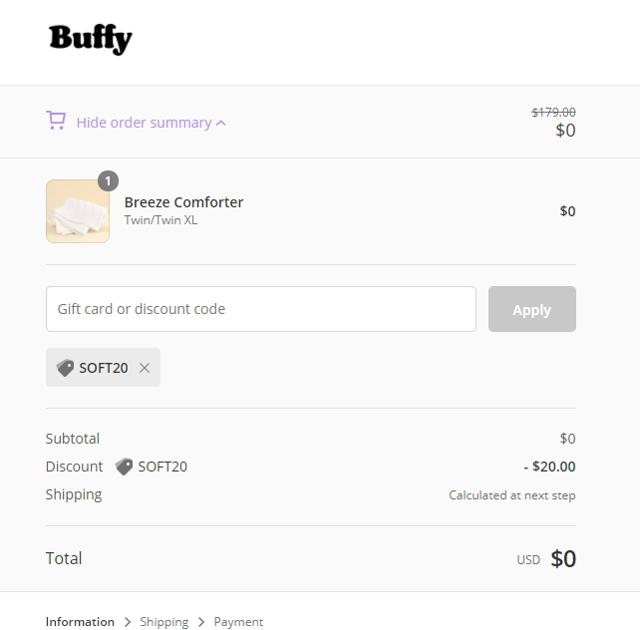 Buffy checkout page showing Buffy discount code box | Screenshot taken by SimplyCodes community member on Jan 23, 2021